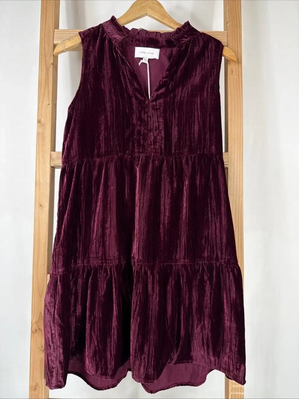 NWT Dear John Dress Burgundy Crushed Velvet Ruffle V Neck Dress #1094 Size XL